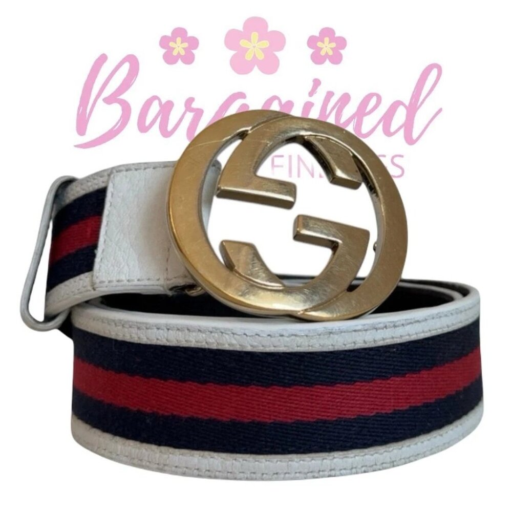 Authentic Gucci Web Canvas White Leather Gold Interlocking G Buckle Belt 85/34